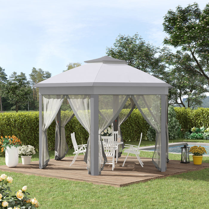 Hexagon Patio Gazebo Pop Up Gazebo Outdoor Double Roof Instant Shelter with Netting, 4m x 4m, Grey