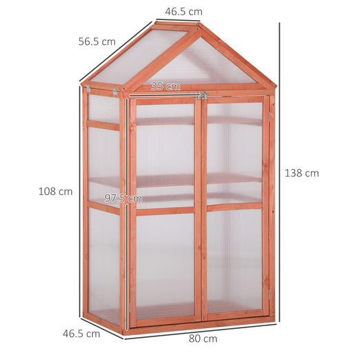 3-Tier Wooden Cold Frame Greenhouse Garden Polycarbonate Grow House w/ Adjustable Shelves, Double Doors, 80 x 47 x 138 cm, Orange