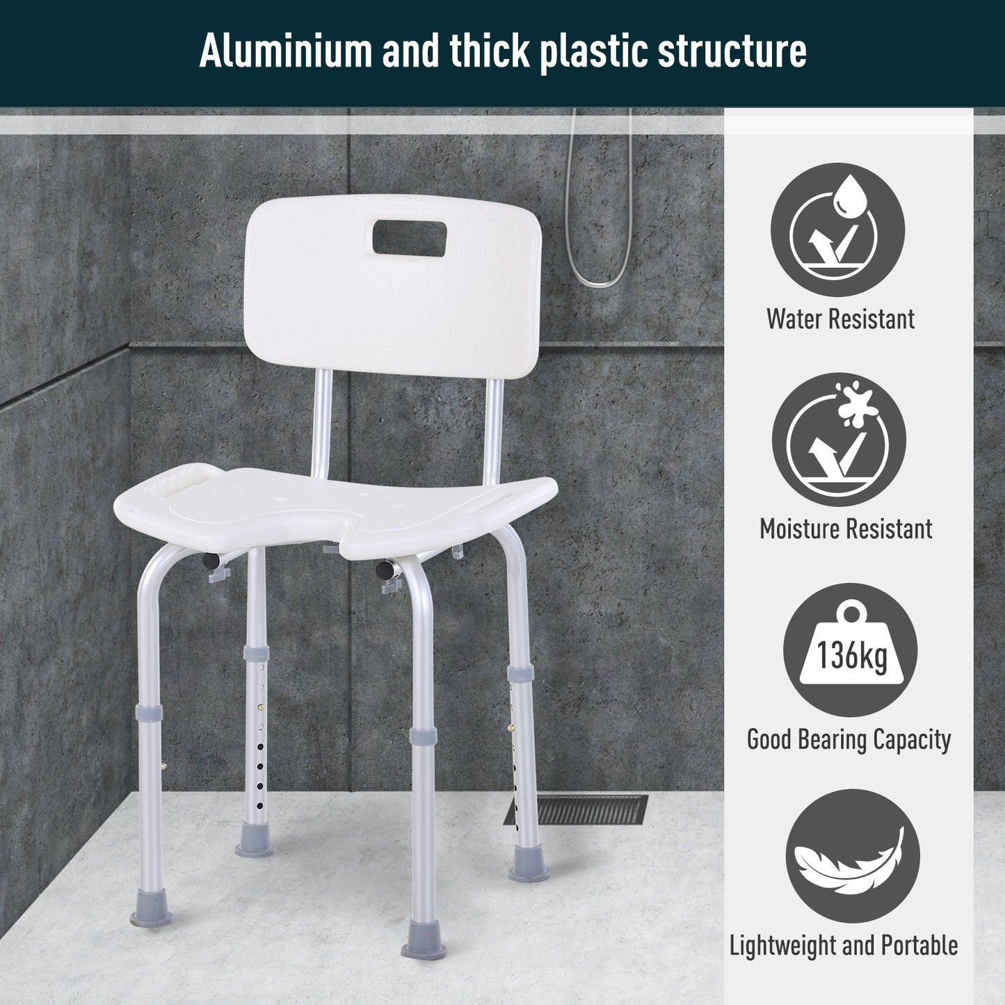 8-Level Height Adjustable Bath Stool Spa Shower Chair Aluminum w/ Non-Slip Feet and Handle, Load Capacity 136kg