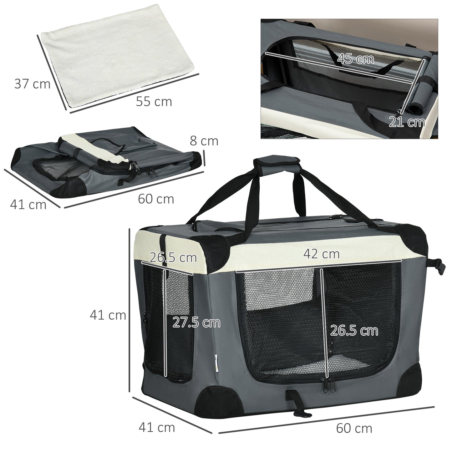 60cm Foldable Pet Carrier Bag Soft Travel Dog Crate, Portable Cat Carrier w/ Cushion, for Cats and Miniature Dogs - Grey
