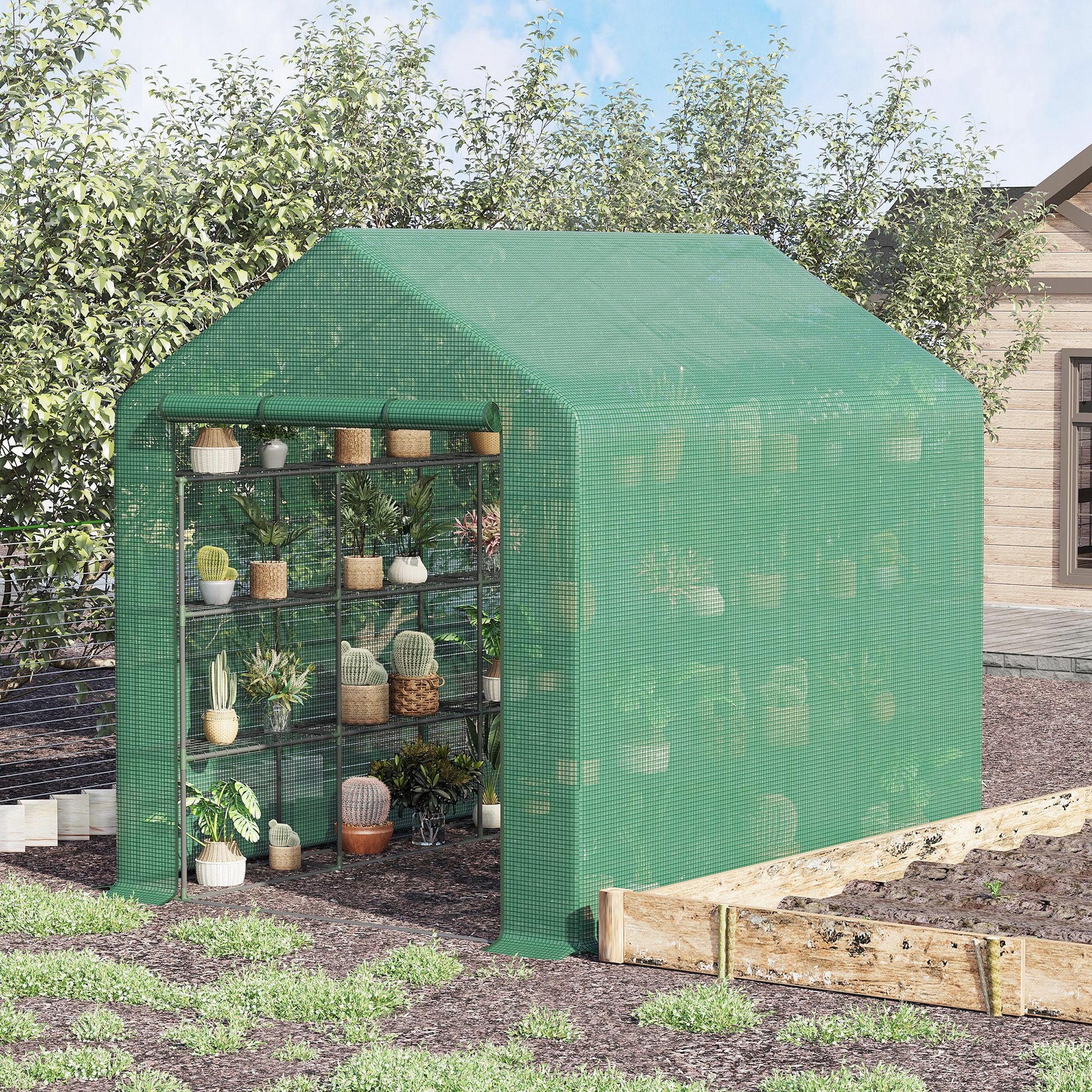 Outsunny Walk-in Greenhouse with 4 Tier 24 Shelves, Portable Grow House with Roll-up Door, 244 x 180 x 210cm, Green