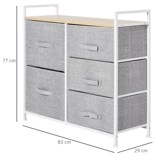 HOMCOM 5 Drawer Linen Basket Storage Unit Home Organisation w/ Shelf Handles Metal Frame Adjustable Feet Hallway Home Dresser Grey