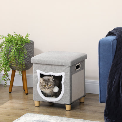 2 in 1 Cat Bed Ottoman, Comfortable Cat Sleeping Cave House w/ Removable Cushion, Scratching Pad, Handles, Anti-Slip Foot Pad, Toy Ball, Entrance - Grey
