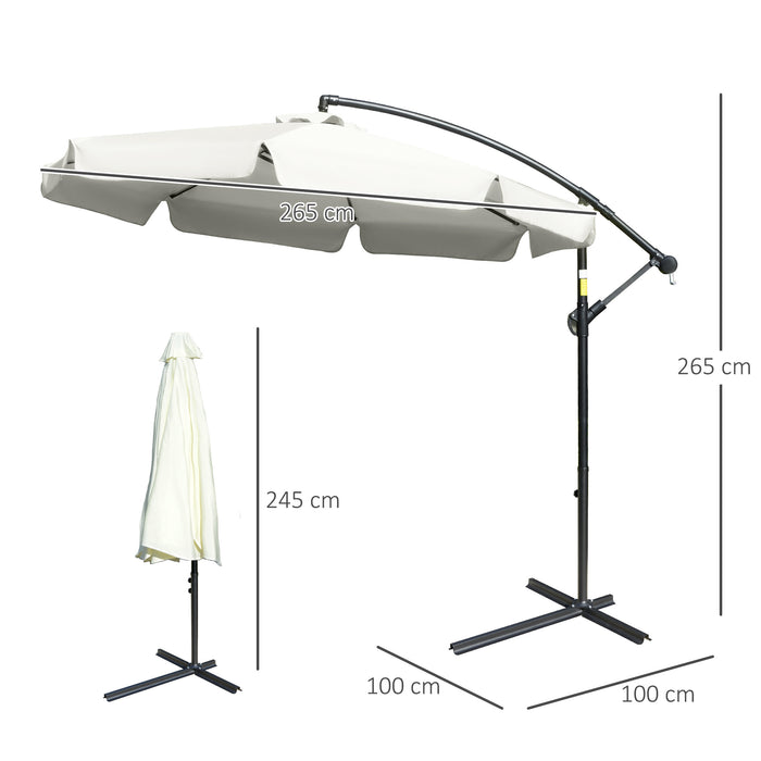 2.7m Banana Parasol Cantilever Umbrella with Crank Handle and Cross Base for Outdoor, Hanging Sun Shade, Cream White