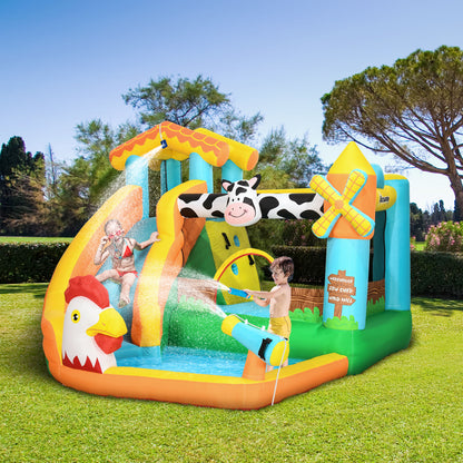 5 in 1 Kids Bouncy Castle Farm Style Inflatable House with Slide Trampoline Pool Water Cannon Climbing Wall with Inflator Carrybag