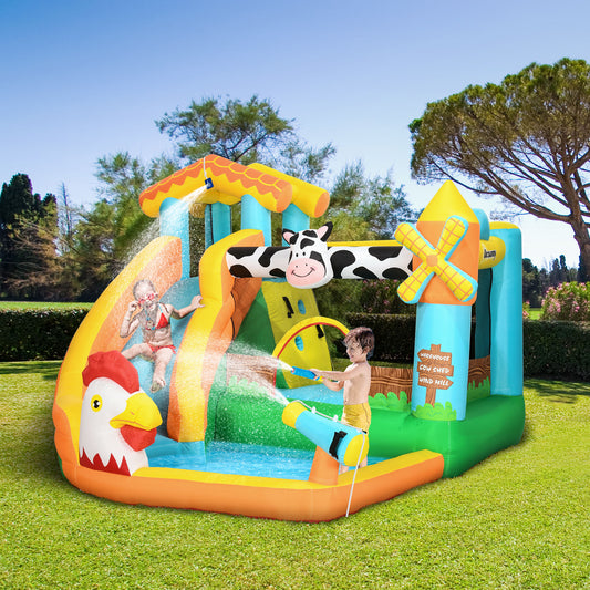 5 in 1 Kids Bouncy Castle Farm Style Inflatable House with Slide Trampoline Pool Water Cannon Climbing Wall with Inflator Carrybag