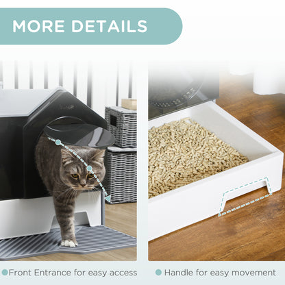 Hooded Cat Litter Tray with Scoop, Cat Litter Box with Drawer Pan, Handle, Deodorants, Hut Design, Front Entrance, 47 x 45 x 42cm - Grey