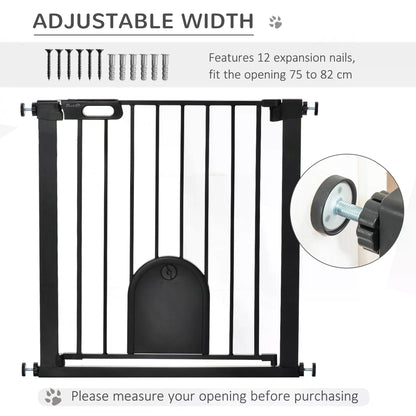 Dog Gate with Cat Flap Pet Safety Gate Barrier, Stair Pressure Fit, Auto Close, Double Locking, for Doorways, Hallways, 75-82 cm Black