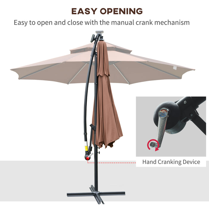 3(m) Cantilever Parasol Banana Hanging Umbrella with Double Roof, LED Solar lights, Crank, 8 Sturdy Ribs and Cross Base for Outdoor, Coffee