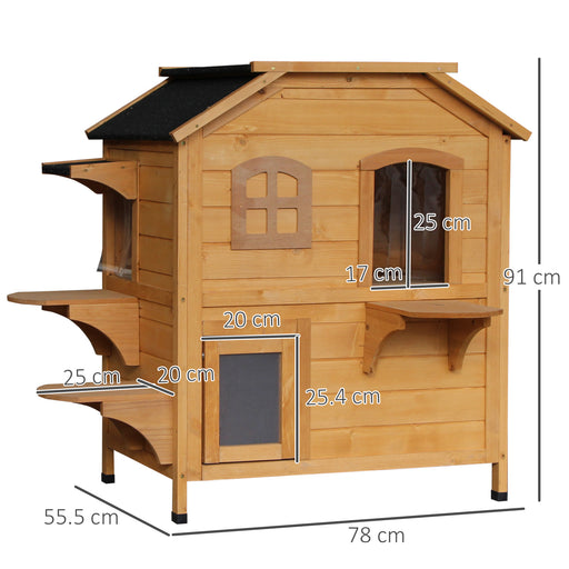 Wooden Cat House Condos Cat Cave Pet Shelter 2 Floor Villa Outdoor Furniture Natural Wood Finish