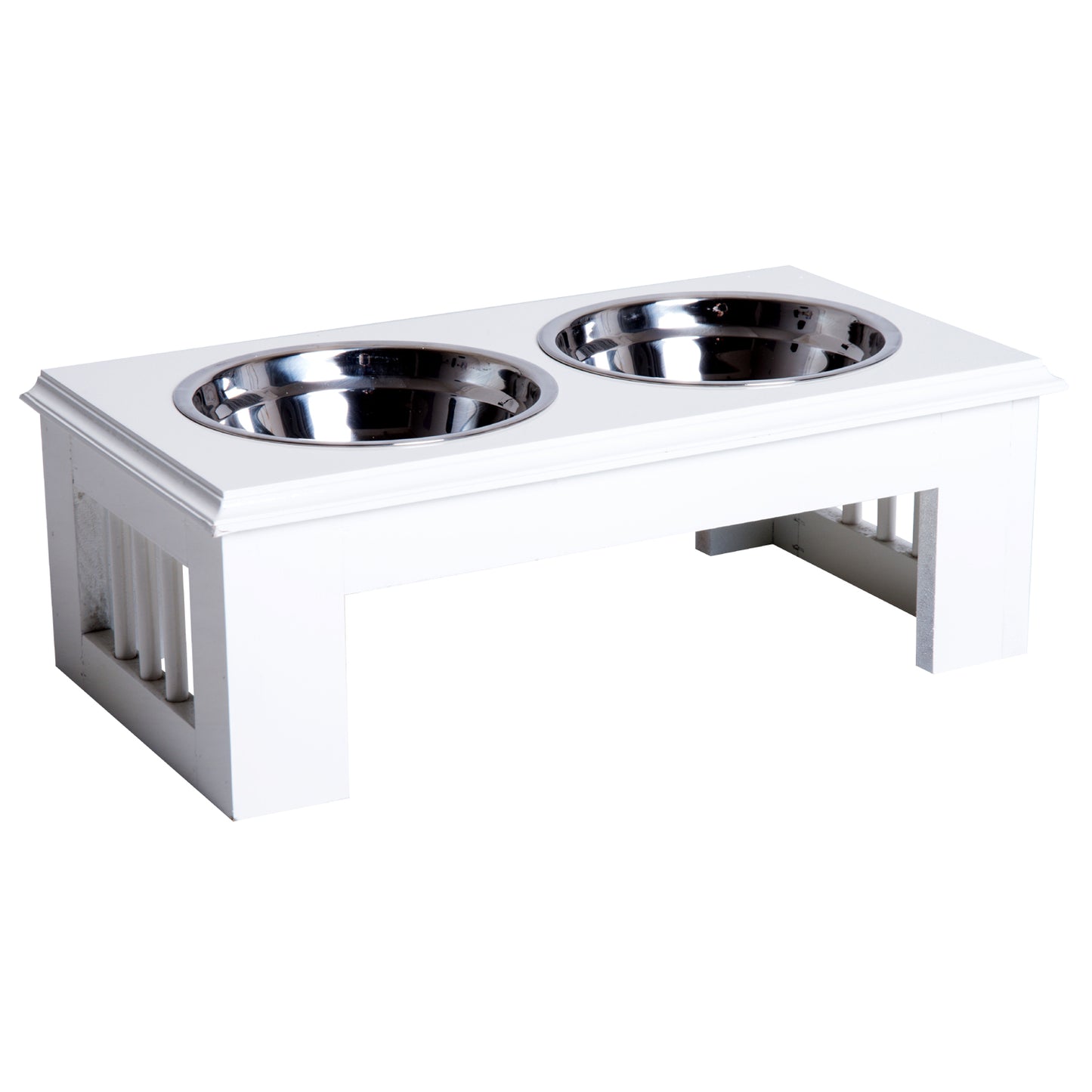 Stainless Steel Raised Dog Feeding Bowls with Stand Elevated Twin Pet Bowls Water Food Feeder 43.7L x 24W x 15H cm - White