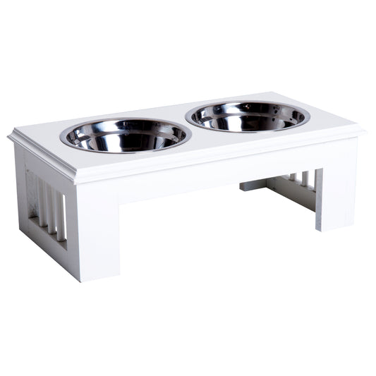 Stainless Steel Raised Dog Feeding Bowls with Stand Elevated Twin Pet Bowls Water Food Feeder 43.7L x 24W x 15H cm - White