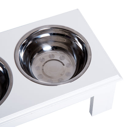 Stainless Steel Raised Dog Feeding Bowls with Stand Elevated Twin Pet Bowls Water Food Feeder 43.7L x 24W x 15H cm - White