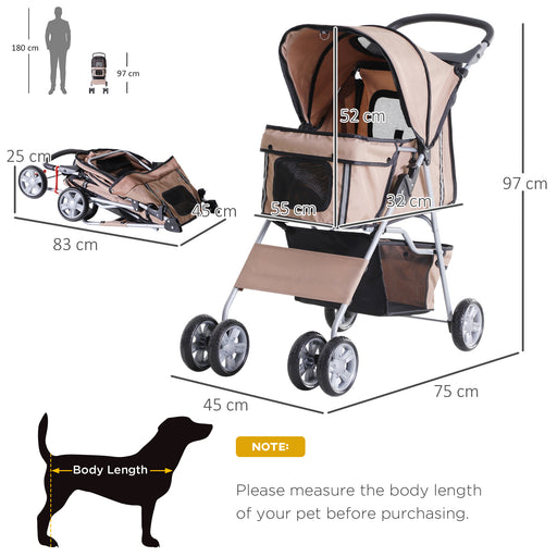 Dog Pram Pet Stroller Foldable Dog Pushchair with Wheels Zipper Entry Cup Holder Storage Basket Brown