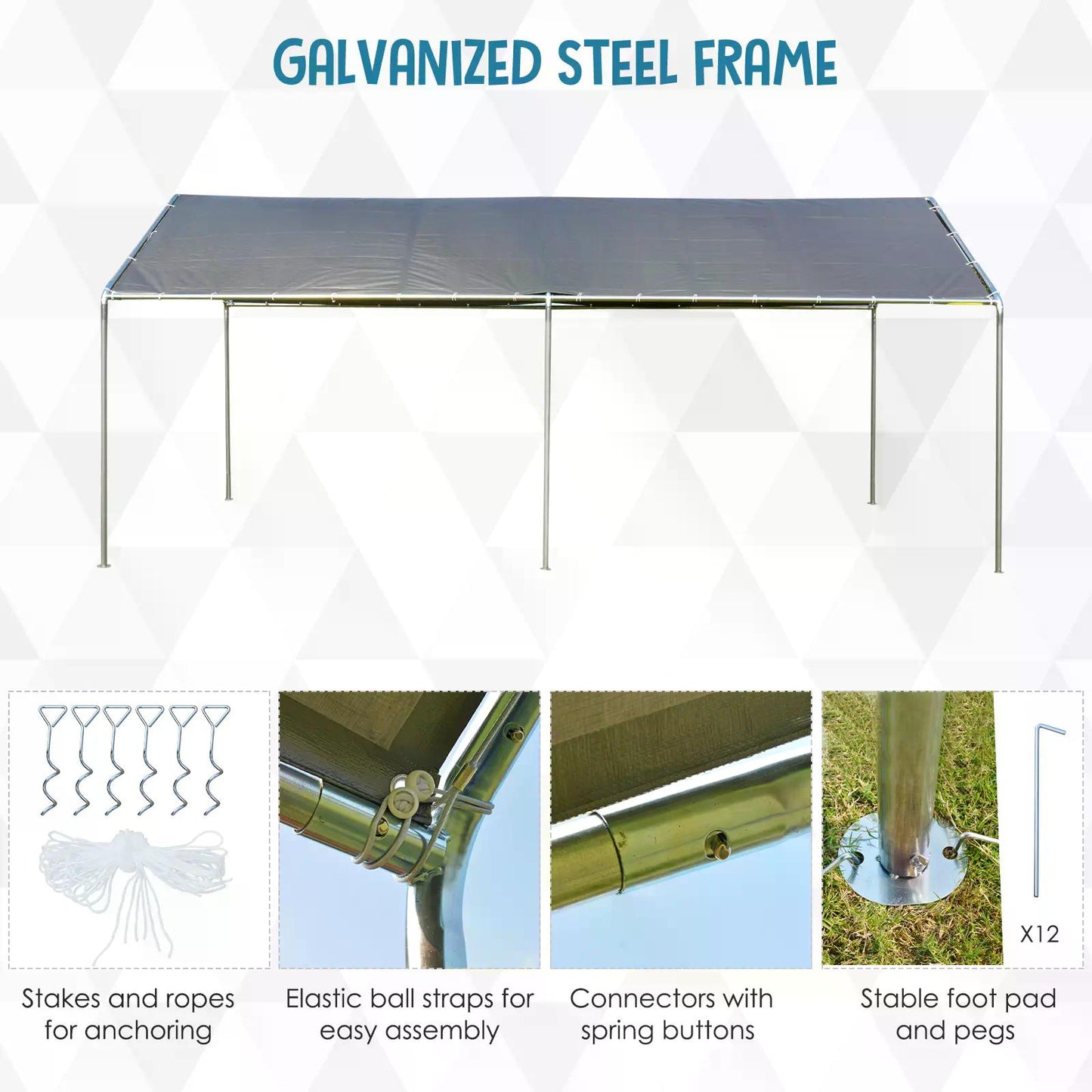 3 x 6m Heavy Duty Carport Garage Car Shelter Galvanized Steel Outdoor Open Canopy Tent Water UV Resistant Waterproof, Grey