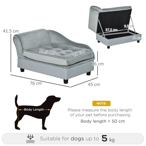 Dog Sofa with Storage, Pet Chair for Small Dogs, Cat Couch with Soft Cushion, Grey, 76 x 45 x 41.5 cm