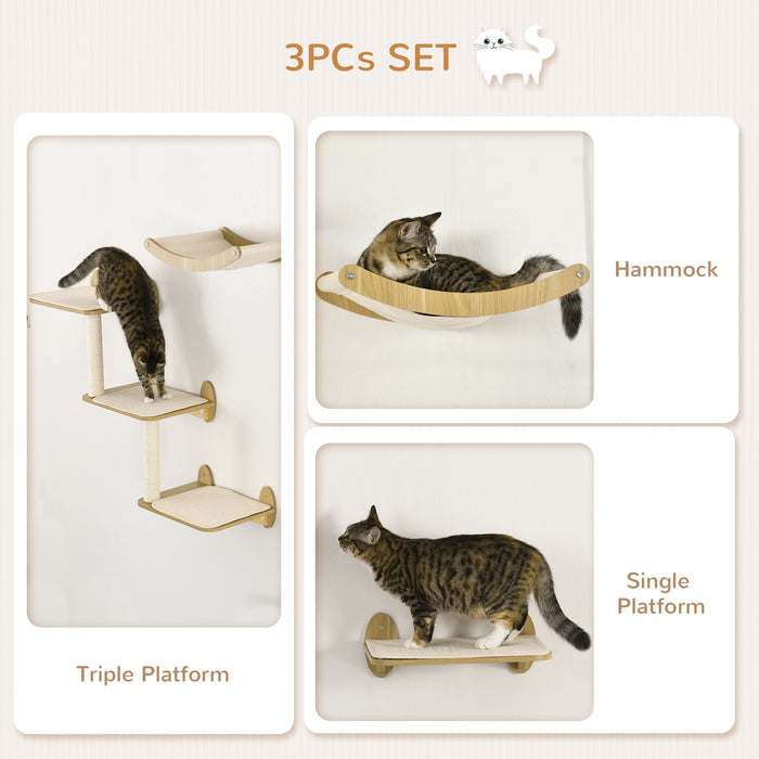 3PCs Wall Mounted Cat Tree Cats Shelves, Climbing Shelf Set, Kitten Activity Center with Jumping Platforms Hammock Scratching Post, Oak