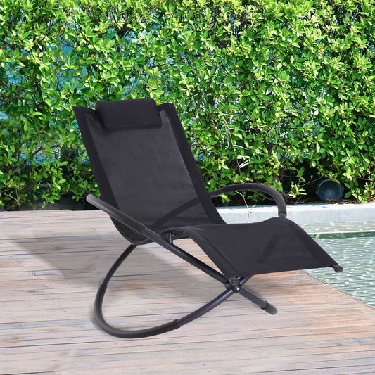 Outdoor Orbital Lounger Zero Gravity Patio Chaise Foldable Rocking Chair w/ Pillow Black