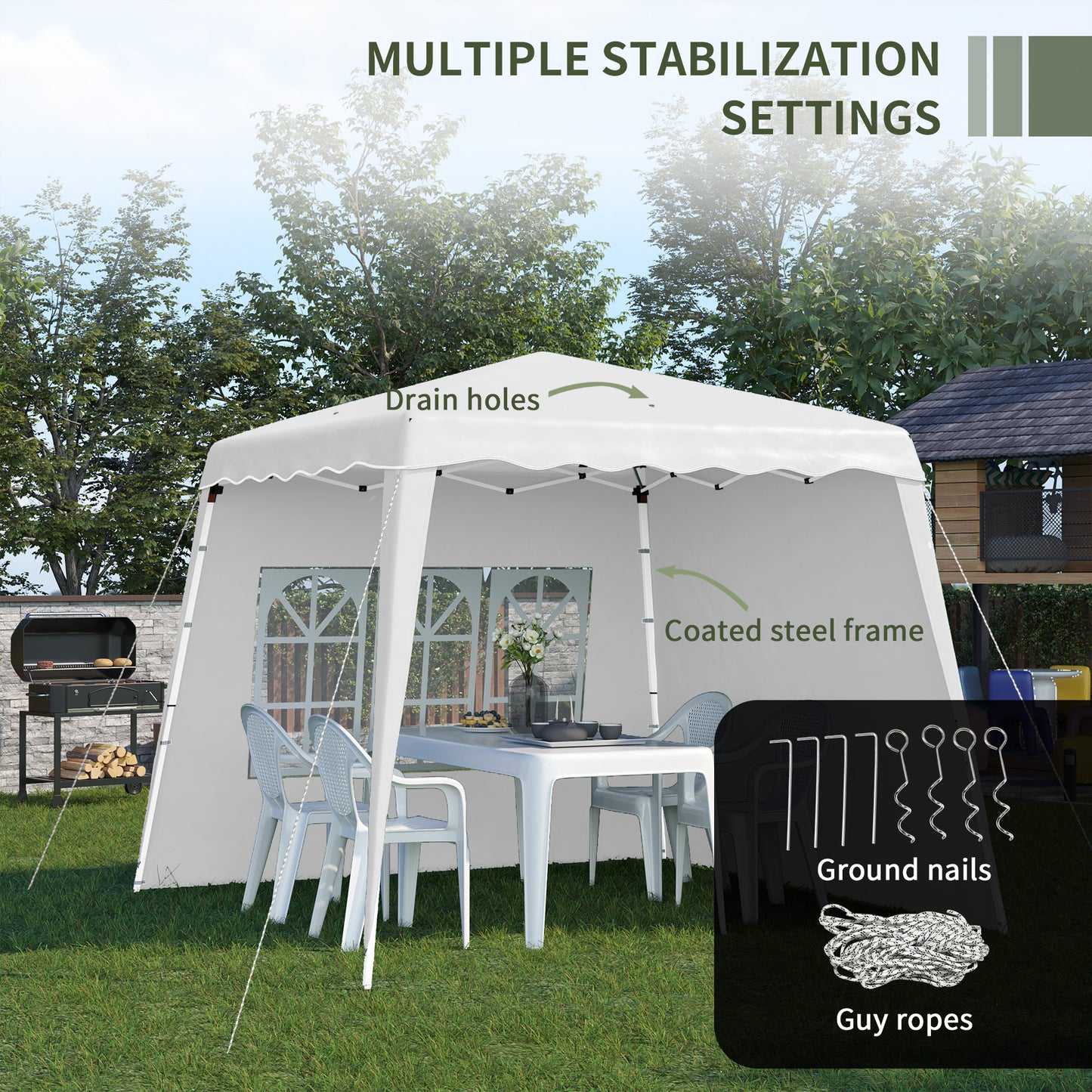 Outsunny Pop Up Gazebo with 2 Sides, Slant Legs and Carry Bag, Height Adjustable UV50+ Party Tent Event Shelter for Garden, Patio, 2.4 x 2.4m Top / 2.9 x 2.9m Base, White