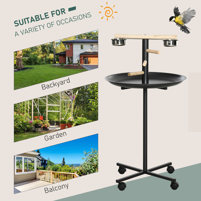 Metal Bird Table Play Stand, Bird Feeder Station Parrot Perch with Four Wheels Feeding Bowls Round Tray