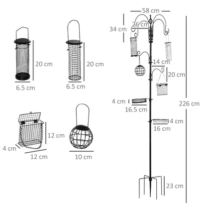 Bird Feeding Station Kit, Wild Bird Feeder Pole with 6 Hooks, 4 Hanging Feeders for Peanuts, Seed, Fat Balls, for Garden, Outdoor, Black