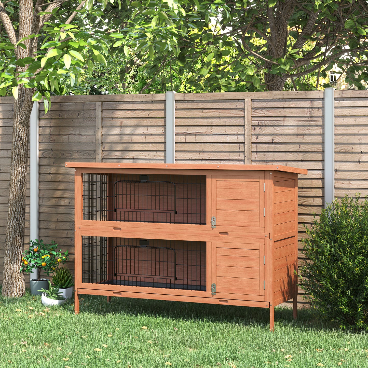 4.5FT Rabbit Hutch Outdoor Guinea Pig Hutches Bunny Cage with Sliding Trays, Orange