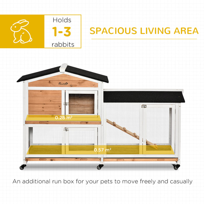 Two-Tier Rabbit Hutch Outdoor and Run Wooden Mobile Guinea Pig Hutch Bunny Cage w/ Wheels, Run, Slide-Out Tray, Ramp 157.4 x 53 x 99.5 cm