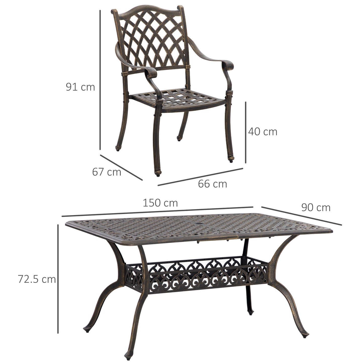 Outsunny 7 PCs Outdoor Patio Dining Set with Umbrella Hole, Cast Aluminum Patio Furniture Set with Six Cushioned Chairs and Rectangle Dining Table, for Garden, Lawn, Deck, Bronze