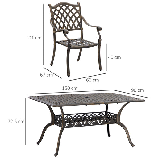 Outsunny 7 PCs Outdoor Patio Dining Set with Umbrella Hole, Cast Aluminum Patio Furniture Set with Six Cushioned Chairs and Rectangle Dining Table, for Garden, Lawn, Deck, Bronze