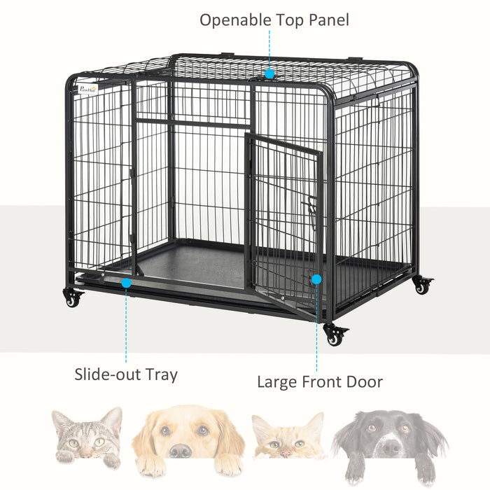 Metal Dog Cage Kennel Locking Door & Wheels Removable Tray Openable Top For Large Pets 109.5 x 71 x 78 cm