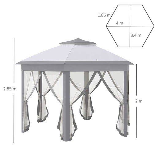 Hexagon Patio Gazebo Pop Up Gazebo Outdoor Double Roof Instant Shelter with Netting, 4m x 4m, Grey