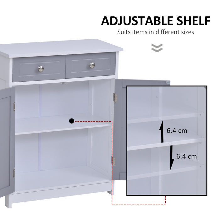 kleankin Bathroom Storage Cabinet Free-Standing Bathroom Cabinet Unit w/ 2 Drawers Cupboard Adjustable Shelf Metal Handles 75x60cm - Grey and White