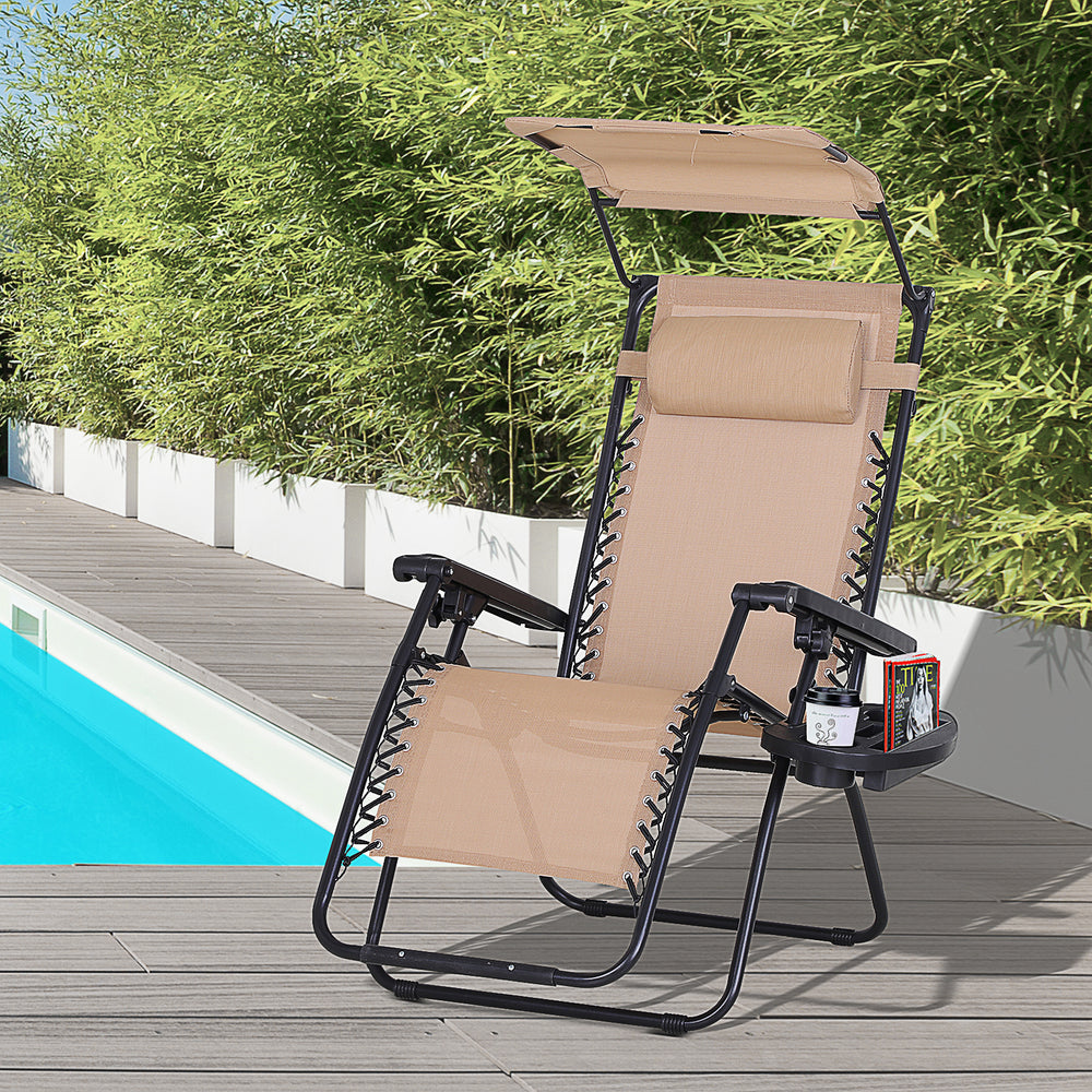 Zero Gravity Garden Deck Folding Chair Patio Sun Lounger Reclining Seat with Cup Holder & Canopy Shade - Beige