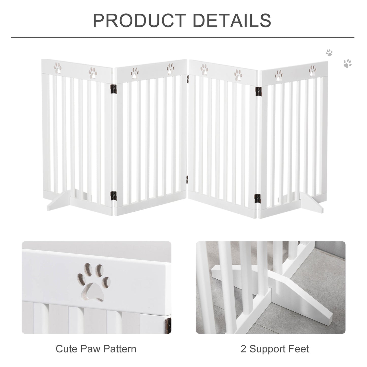 Freestanding Pet Gate 4 Panel Dog Barrier Folding Safety Fence with Support Feet up to 204cm Long 75cm Tall for Doorway Stairs White