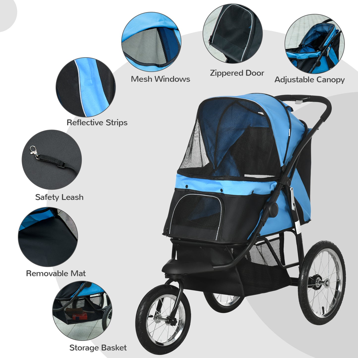 Pet Stroller Jogger for Medium, Small Dogs, Foldable Cat Pram Dog Pushchair w/ Adjustable Canopy, 3 Big Wheels - Blue