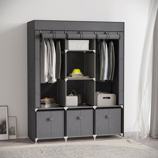 HOMCOM Fabric Wardrobe for Bedroom, Portable Wardrobe with 5 Shelves, 2 Hanging Rails and 3 Fabric Drawers, Foldable Closets, 125 x 43 x 162.5cm, Grey