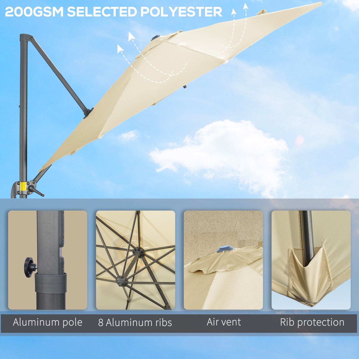 Outsunny 3 x 3(m) Cantilever Parasol with Cross Base, Garden Umbrella with 360¬∞ Rotation, Crank Handle and Tilt for Outdoor, Patio, Cream White