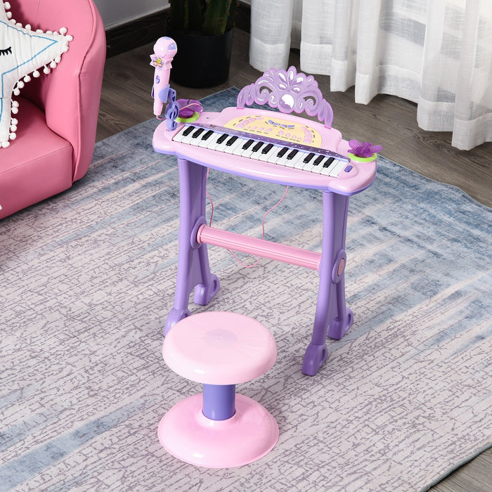 Mini Electronic Organ Piano W/Microphone and Stool-Purple/Pink