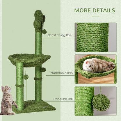 Cactus Cat Tree Tower for Indoor Cats Sisal Scratching Post with Hammock Bed Dangling Ball 40 x 40 x 96 cm