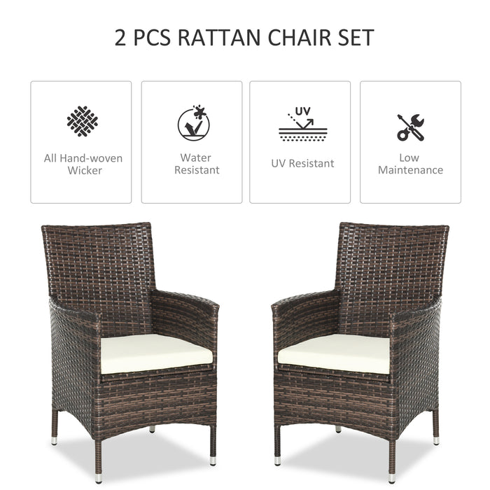 Set of 2 Outdoor Rattan Garden Chairs with Armrests & Cushions - Mixed Brown