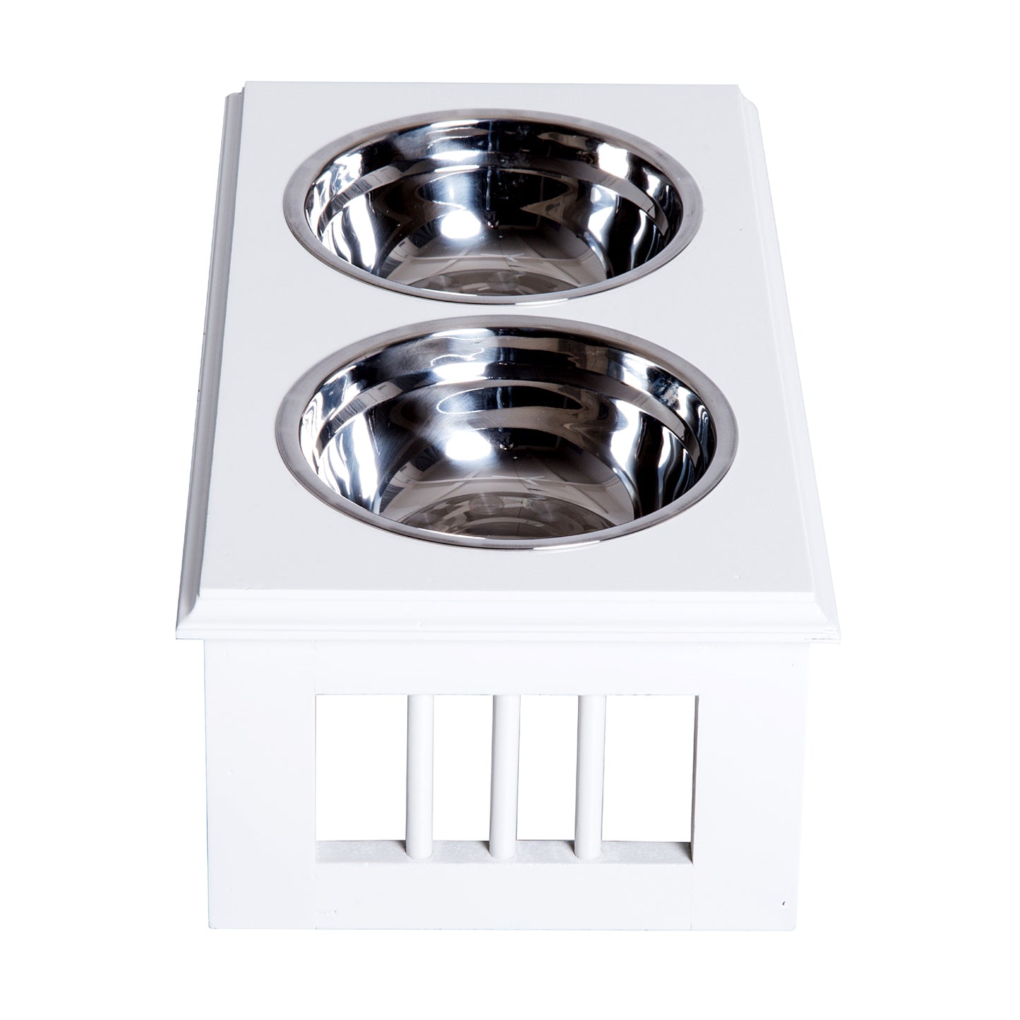 Stainless Steel Raised Dog Feeding Bowls with Stand Elevated Twin Pet Bowls Water Food Feeder 43.7L x 24W x 15H cm - White