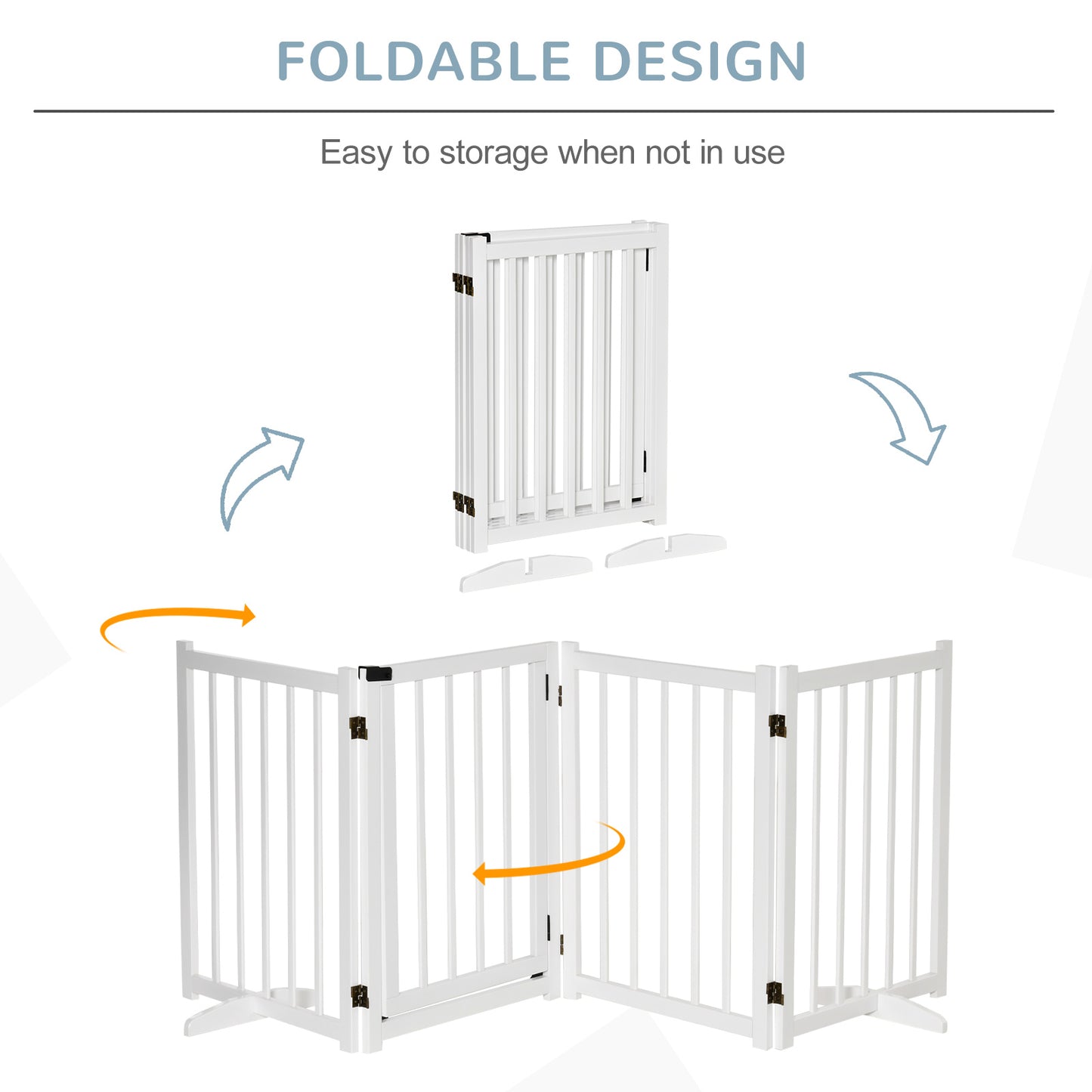 Freestanding Pet Gate for Small and Medium Dogs, Wooden Foldable Dog Safety Barrier with 4 Panels, 2 Support Feet, 80 cm Tall for Doorways, Stairs White