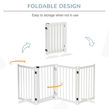 Freestanding Pet Gate for Small and Medium Dogs, Wooden Foldable Dog Safety Barrier with 4 Panels, 2 Support Feet, 80 cm Tall for Doorways, Stairs White