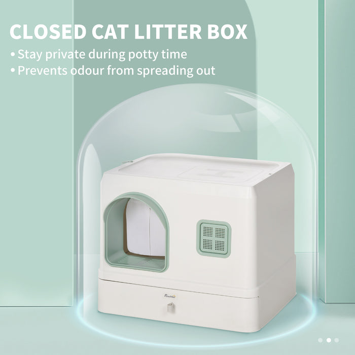 Cat Litter Box with Drawer Pan, Hooded Cat Litter Tray with Scoop, Deodorants, Front Entrance, 50 x 40 x 40cm - White