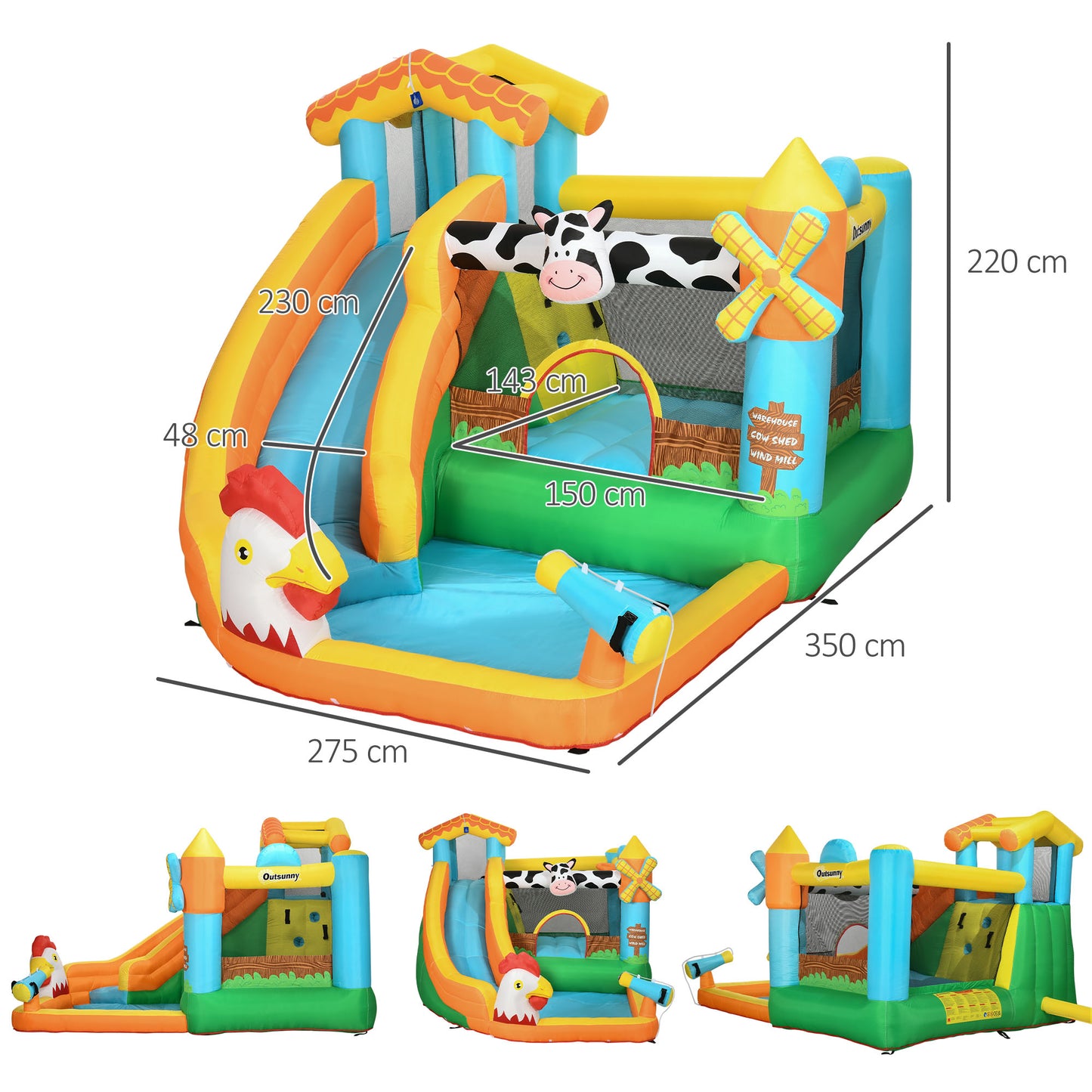 5 in 1 Kids Bouncy Castle Farm Style Inflatable House with Slide Trampoline Pool Water Cannon Climbing Wall with Inflator Carrybag