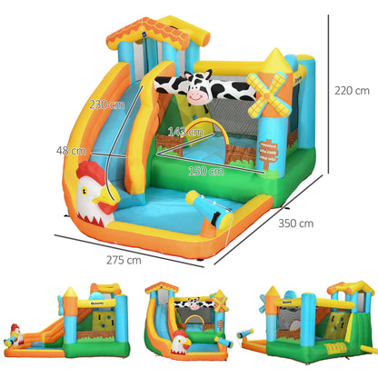 5 in 1 Kids Bouncy Castle Farm Style Inflatable House with Slide Trampoline Pool Water Cannon Climbing Wall with Inflator Carrybag