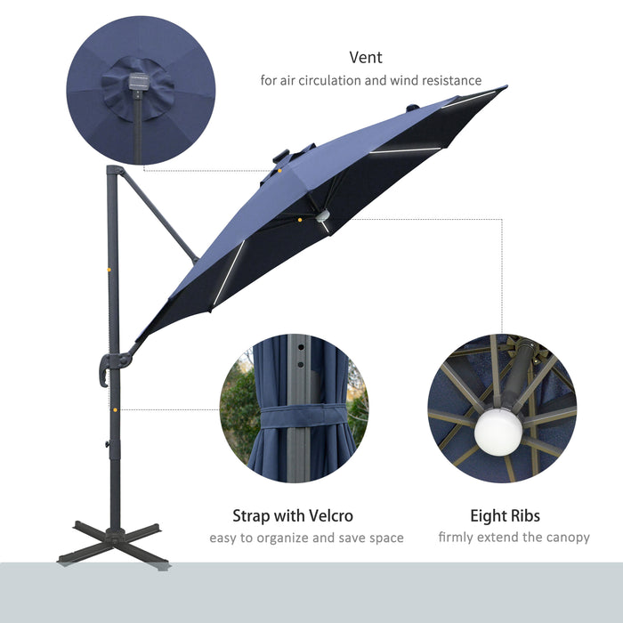 3(m) Cantilever Roma Parasol Garden Sun Umbrella Outdoor Patio with LED Solar Light Cross Base 360° Rotating, Blue