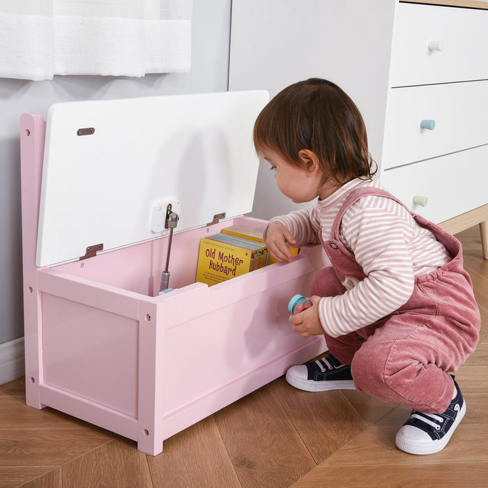 HOMCOM 2 In 1 Wooden Toy Box, Kids Seat Bench Storage Chest Cabinet Organiser w/ Safety Pneumatic Rod, 60 x 30 x 50cm - Pink