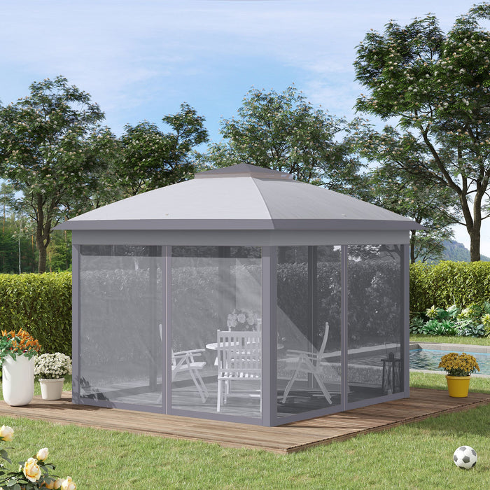 Outsunny 330cm x 330cm Pop Up Canopy, Double Roof Foldable Canopy Tent with Zippered Mesh Sidewalls, Height Adjustable and Carrying Bag, Event Tent for Patio Garden Backyard, Grey