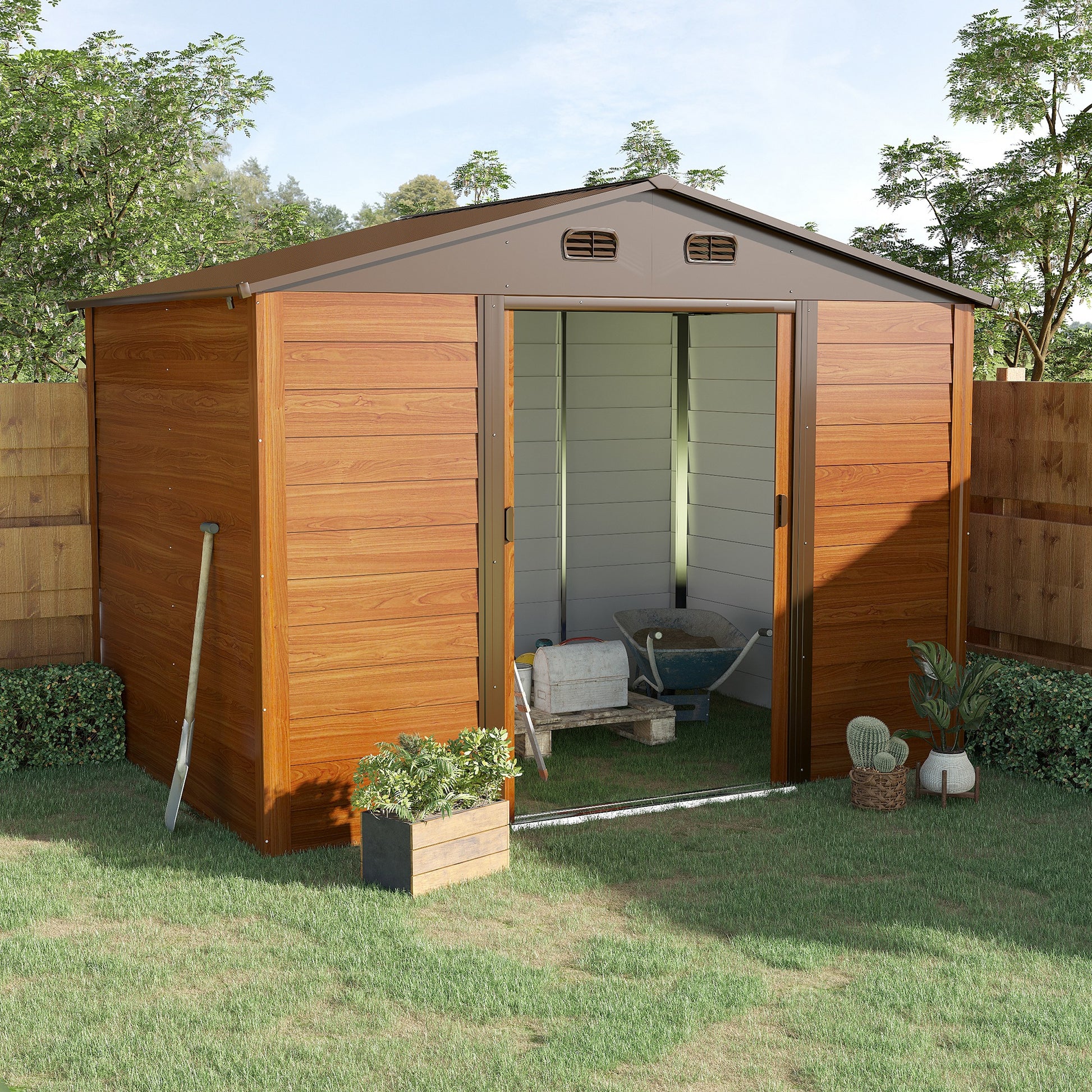 Outsunny 9 x 6ft Garden Metal Storage Shed House Hut Gardening Tool Storage with Kit and Ventilation, Brown with Wood Grain